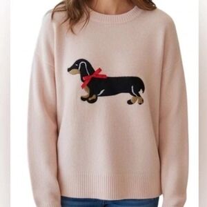 Threaded Leaf Dachshund Sweater Women M Beige Excellent Dog Motif Ribbon Bow